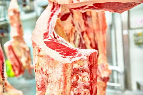 Cuadros en Lienzo Slaughterhouse meat processing plant, cut marble beef.