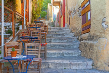Street Cafe In The Central Ancient Part Of Athens; Greece