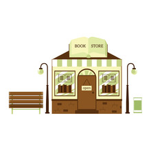 Book Store Building Exterior - Cute Cartoon Shop Facade With Bookshelves And Small Bench