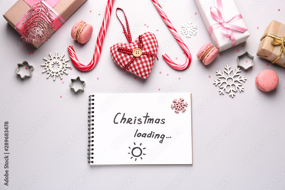 Beautiful composition with Christmas decor on light background