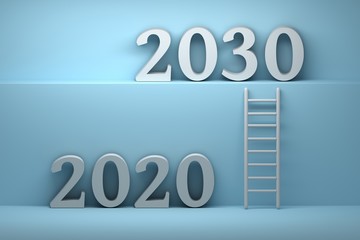 Concept way from 2020 to 2030 - future development business concept illustration. Ladder standing next to blue wall leading from year 2020 to year 2030. 3d illustration.