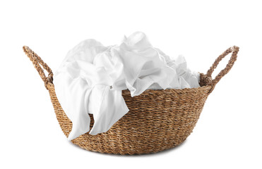 Basket with laundry on white background