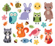 Vector set of cute forest animals and birds, flowers and autumn leaves, isolated on white. Cute colorful elements for baby shower, children, fall and autumn, Thanksgiving, stickers and patches.