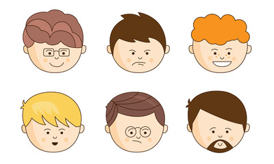 Sticker - Cute Cartoon Male Faces Showing Different Emotions Set, Face Expressions of Man Vector Illustration