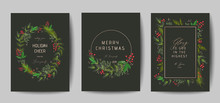 Set Of Elegant Merry Christmas And New Year 2020 Cards With Pine Wreath, Mistletoe, Winter Plants Design Illustration For Greetings, Invitation 2019, Flyer, Brochure, Cover In Vector