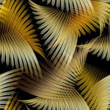 Abstract Palm Leaves 3d Vector Seamless Pattern. Modern Ornamental Creative Background. Luxury Line Art Tracery Gold Floral Ornament. Surface Texture. 3d Wallpaper. Exotic Tropical Style Ornate Design