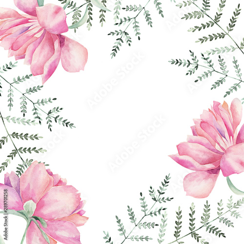 Watercolor floral frame for wedding cards, invitations, Easter, birthday. Spr...