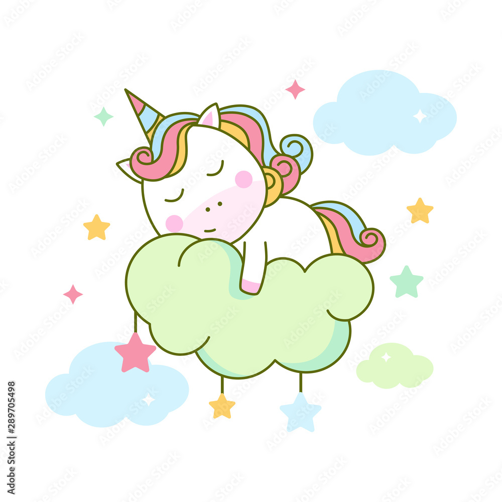 Cute unicorn sleeping on cloud vector illustration isolated background ...