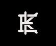 Letter E and K, EK, KE, overlapping interlock logo, monogram line art vintage style on black background