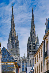 gothic cathedral of Quimper in Finistere Brittany beside old town houses