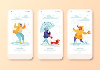 Mobile app page, onboard screen set with kids characters jumping in puddles dressed in rubber boots and yellow raincoats, little boy walking a dachshund under transparent umbrella. Concept for Website