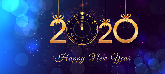 Wall Mural - happy new year 2020 abstract blue background with bokeh effect, text design with hanging golden numb