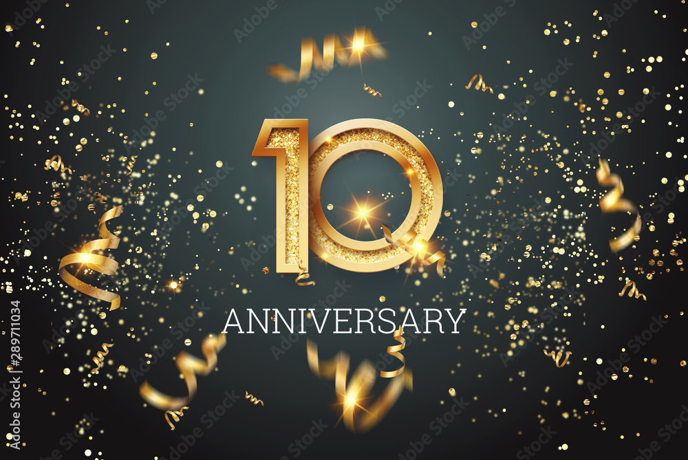 Golden numbers, 10 years anniversary celebration on dark background and confetti. celebration template, flyer. 3D illustration, 3D rendering - obrazy, fototapety, plakaty 