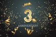 © Aliaksandr Marko - Golden numbers, 3 years anniversary celebration on dark background and confetti. celebration template, flyer. 3D illustration, 3D rendering