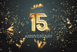Golden numbers, 15 years anniversary celebration on dark background and confetti. celebration template, flyer. 3D illustration, 3D rendering