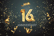 Golden numbers, 16 years anniversary, adulthood on a dark background and confetti. celebration template, flyer. 3D illustration, 3D rendering.