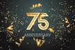 Golden numbers, 75 years anniversary celebration on dark background and confetti. celebration template, flyer. 3D illustration, 3D rendering