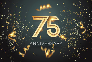 Golden numbers, 75 years anniversary celebration on dark background and confetti. celebration template, flyer. 3D illustration, 3D rendering