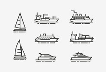 Ship Icon Set. Shipping, Cruise Symbol. Linear Style Vector Illustration