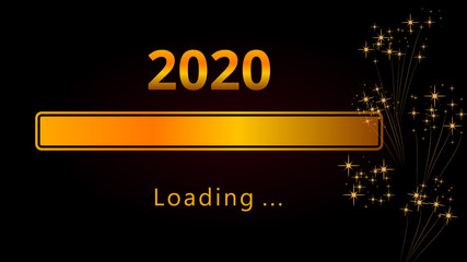 Wall Mural - 2020 happy new year shiny golden loading progress bar with fireworks and sparkles isolated on black 