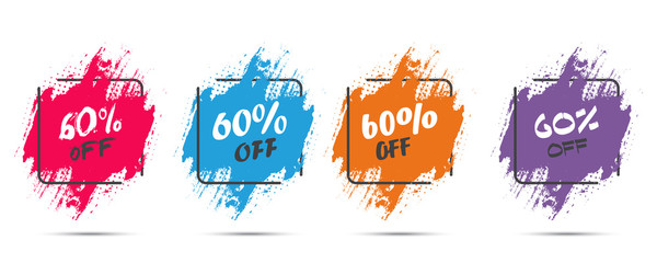 Poster - Set of grunge sticker with 60 percent off in a flat design with halftone. For sale, promotion, advertising