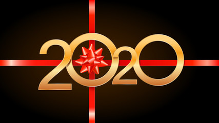 Wall Mural - 2020 happy new year greeting card design with golden numbers, red ribbon and gift bow isolated on bl