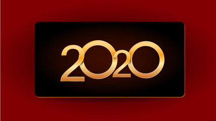 Wall Mural - 2020 happy new year shiny golden numbers on black greeting card isolated on red background. typograp