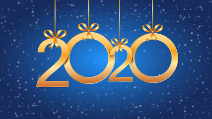 Wall Mural - 2020 happy new year with hanging golden numbers, ribbon bows and snow on blue background. holiday ba