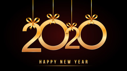 Wall Mural - 2020 happy new year text design with golden numbers with hanging golden numbers and ribbon bows isol