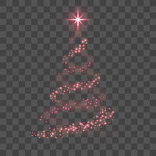 Stylized Red Christmas Tree As Symbol Of Happy New Year Holiday Or Merry Christmas Celebration. Bright Christmas Tree Star. Design For Card. Black Transparent Background. Vector Illustration