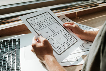 UX website design wireframe. Sketch, prototype, framework, layout future design project. UI/UX - user interface, user experience designer. Creative concept for web design studio. Website development