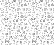 Hypermarket Store Food, Appliances, Clothes, Toys Seamless Icons Background Pattern