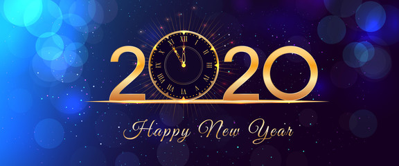 Wall Mural - 2020 happy new year eve glowing text design with vintage gold clock on blue background with bokeh ef