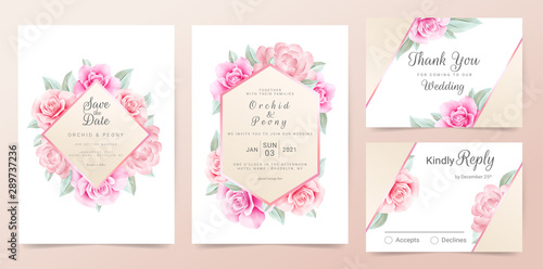 Elegant Rose Gold Wedding Invitation Card Template Set With Watercolor Flowers Frame And Golden Border Buy This Stock Vector And Explore Similar Vectors At Adobe Stock Adobe Stock