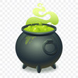 Witch cauldron with bubbling green liquid isolated on transparent background. Magic potion. Symbol of witchcraft. Dark boiling cauldron. Traditional halloween element. Vector illustration.