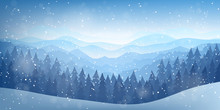 Vector Illustration. Flat Landscape. Snowy Background. Snowdrifts. Snowfall. Clear Blue Sky. Blizzard. Cartoon Wallpaper. Cold Weather. Winter Season. Forest Trees And Mountains. Design For Website