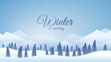 Vector illustration. Flat landscape. Snowy background. Snowdrifts. Snowfall. Clear blue sky. Blizzard. Cartoon wallpaper. Cold weather. Winter season. Forest trees and mountains. Design for website