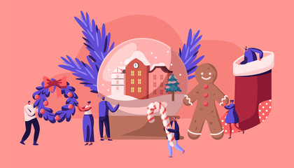 Wall Mural - Christmas Holidays Celebration Concept with Tiny People Characters Decorate Home, Prepare Presents, Souvenirs and Treats for Xmas Celebration. Winter Festive Season. Cartoon Flat Vector Illustration