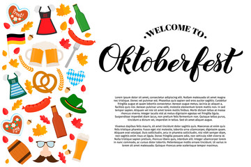 Wall Mural - Oktoberfest calligraphy hand lettering with traditional symbols in flat style. German beer festival. Easy to edit vector template with copy space for logo design, poster, banner, flyer, brochure, etc