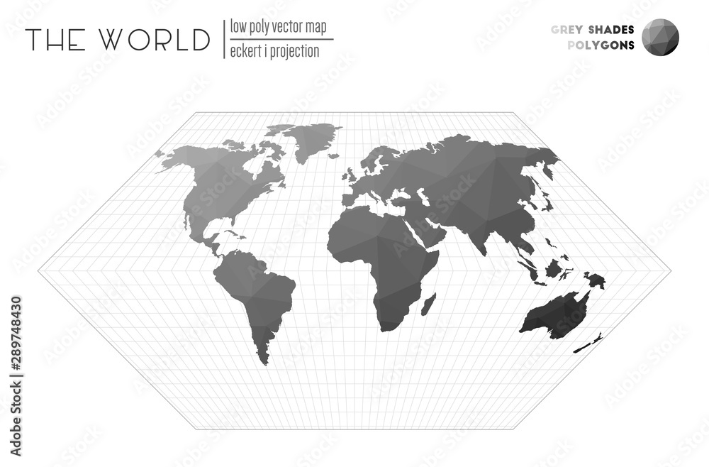 Triangular mesh of the world. Eckert IV projection of the world. Grey ...