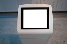 Mock Up Template/background Texture Of A Blank White Touch Screen Kiosk Machine.