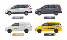 Set Illustration Of Family Mpv, Company Transport Vehicle And Car Branding For Online Taxi Vector