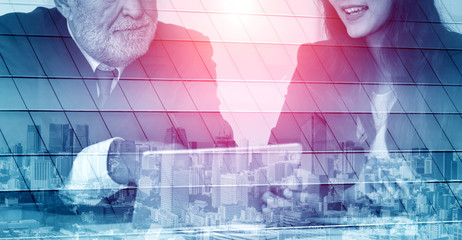 Wall Mural - Double exposure image of faded business abstract background with office building and people conference group meeting showing partnership success of business deal.