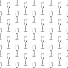 Wall Mural - Flute glass. Hand drawn empty champagne glass sketch seamless pattern.