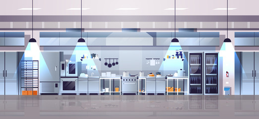 modern interior of professional cafe or restaurant kitchen with kitchenware and equipment cooking culinary concept flat horizontal