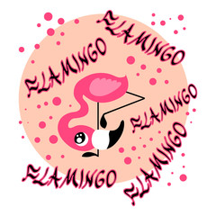 Wall Mural - Cute pink flamingo baby looking from below with lettering and other decorative elements. Nice vector poster for all purposes.