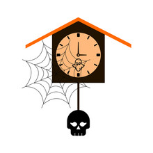 Wall Clock For Halloween, Elements And Symbols On The Clock Holiday. Flat.