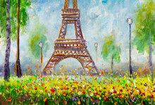 Hand Painted Painting Eiffel Tower In Spring Flowers Green Park Illustration. Artwork Eiffel Tower In Paris Landscape