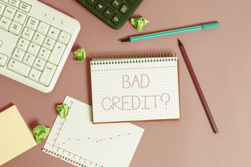 Handwriting text writing Bad Creditquestion. Conceptual photo inabilityof a demonstrating to repay a debt on time and in full Writing equipments and computer stuffs placed above classic wooden table