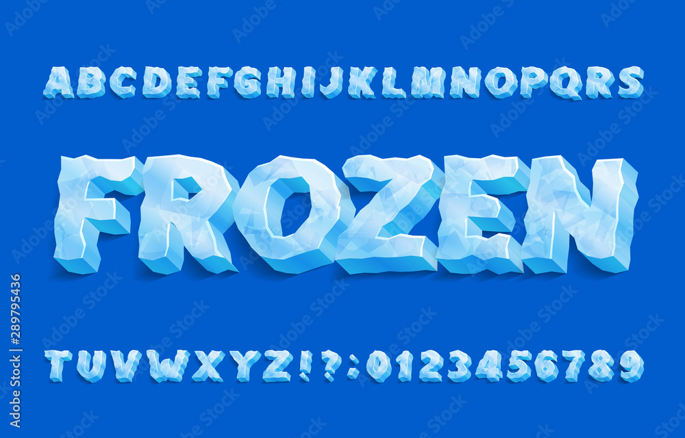 Frozen alphabet font. 3D ice letters and numbers with shadow. Stock vector typeface for your typography design. - obrazy, fototapety, plakaty 